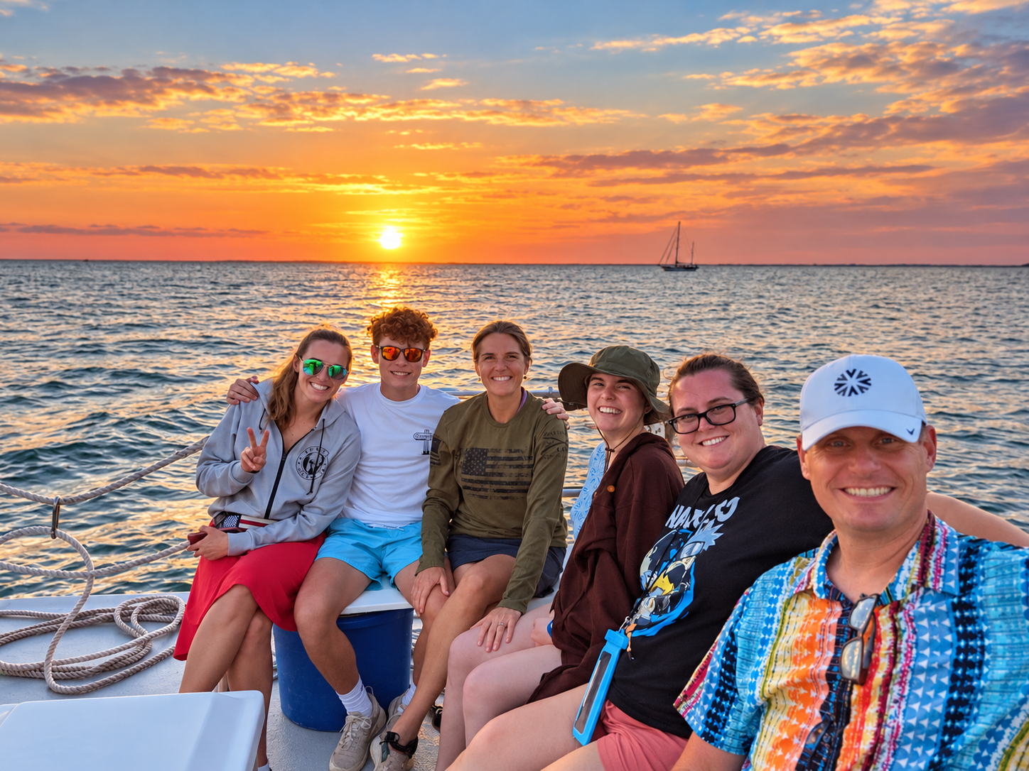 Abbi's family together on a boat at sunset